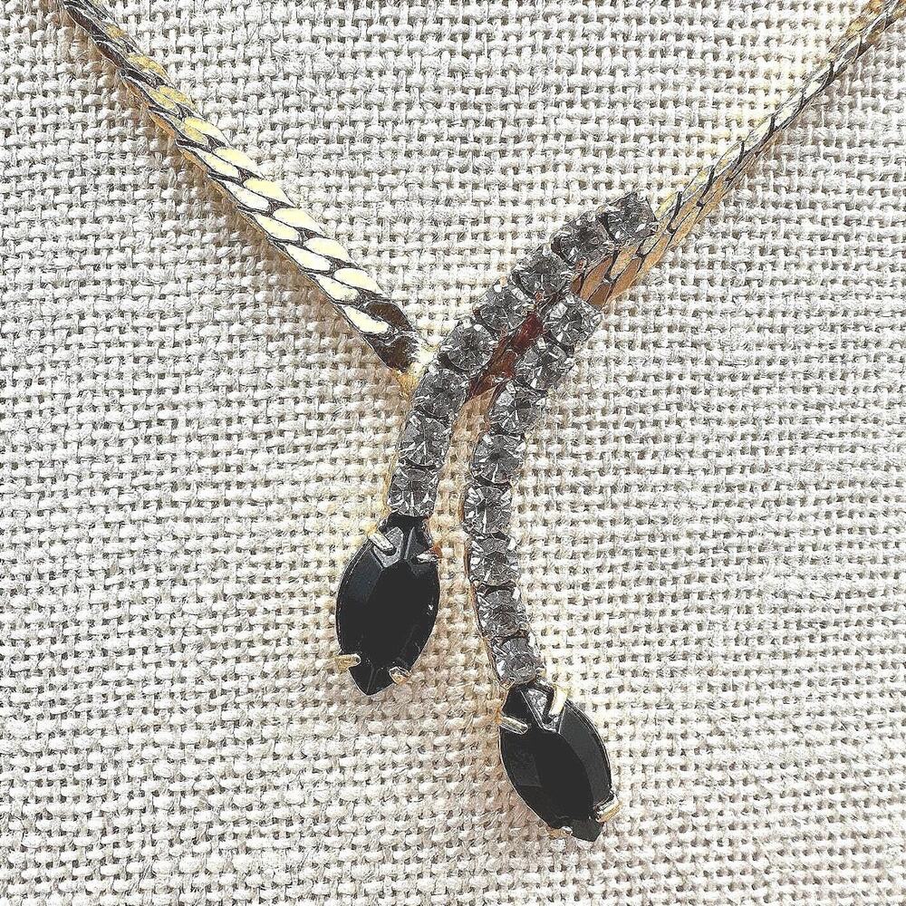 Vintage 90s Gold Tone Rhinestone Black Marquise Y Drop Lariat Necklace Jewelry